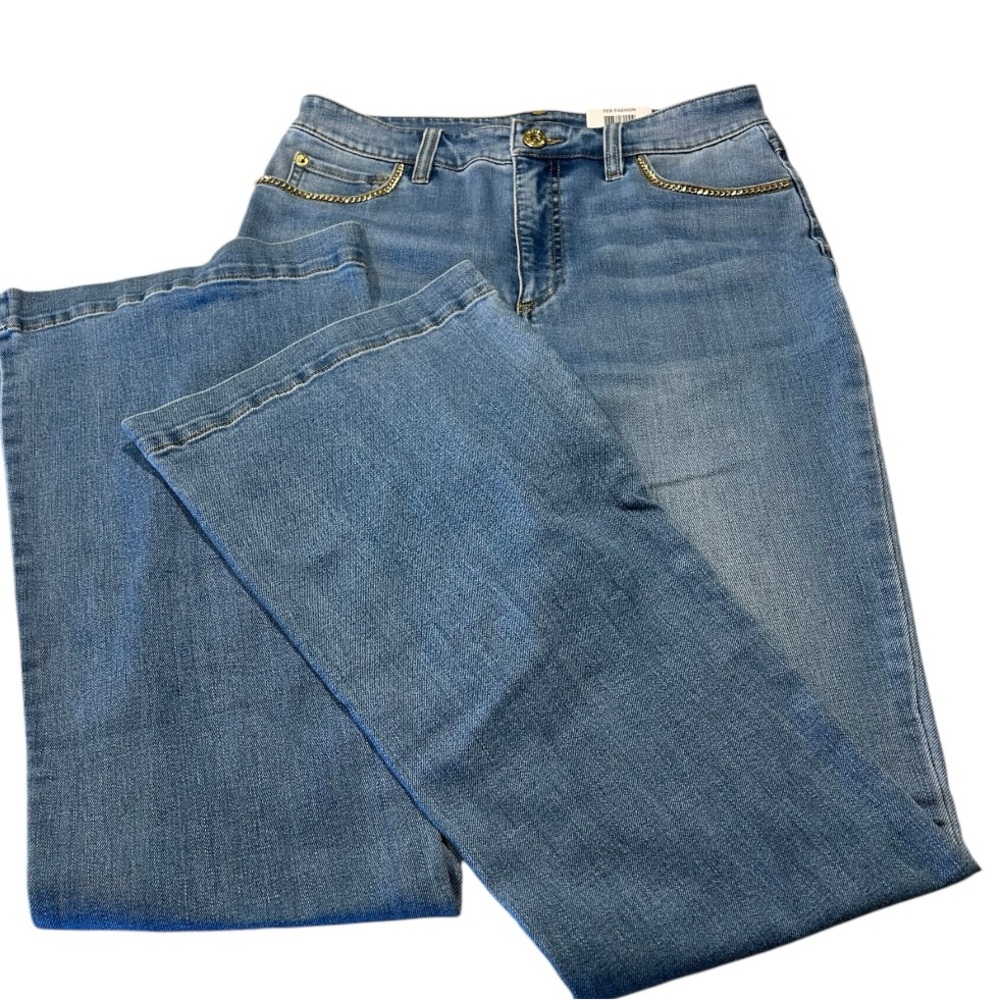 Stylish INC Blue Denim High Rise Jeans with Gold Accents and Flare Legs